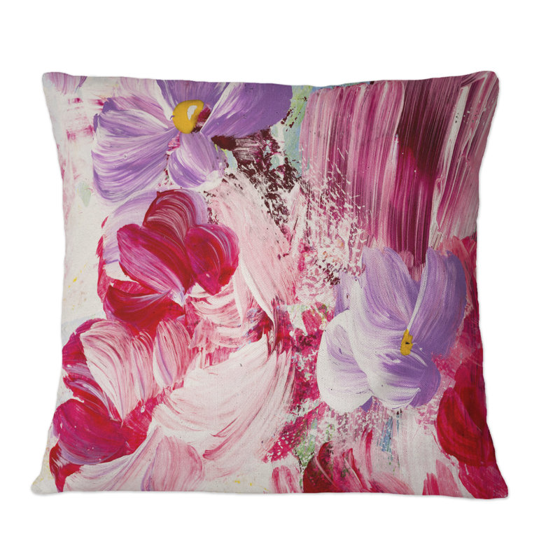 Fleurs abstraites rouges et mauves - Coussin décoratif imprimé moderne, 18 po x 18 po