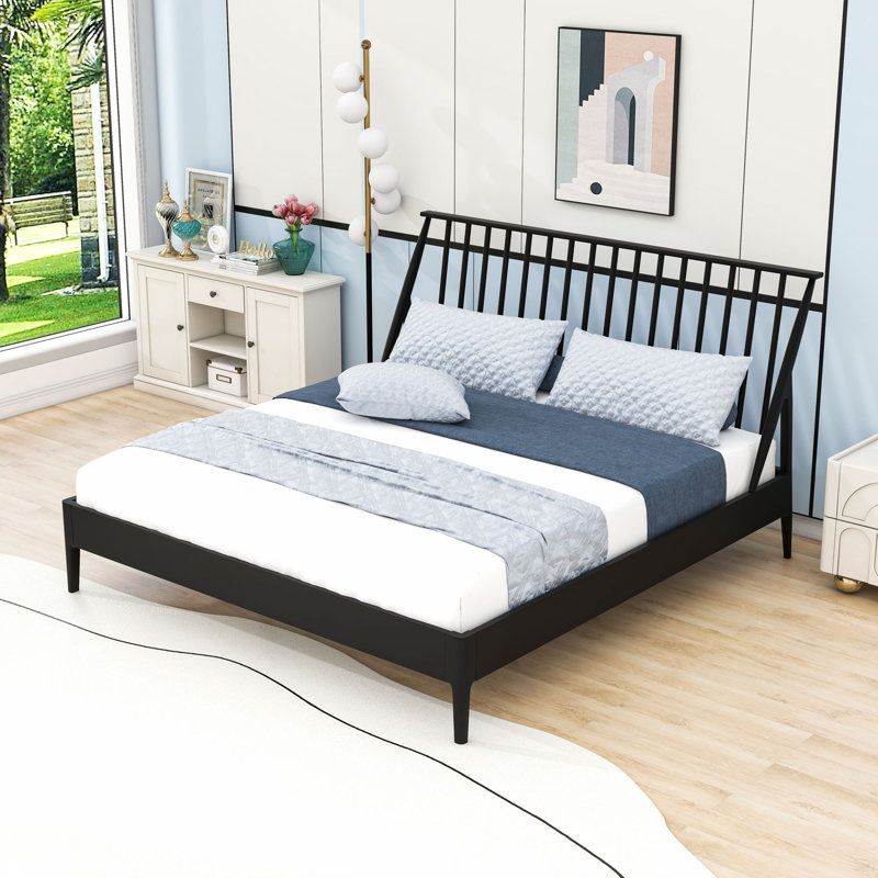 Platform Bed Frame with Spindle Headboard, Black, King