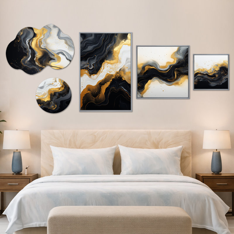 Or et marbre noir Essence I - ensemble de 5 reproductions d'art sur toile abstraites, en métal et encadrées (100 po x 40 po)