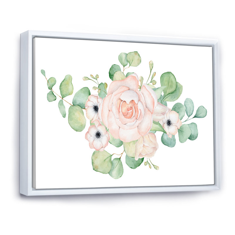 Fleurs et bouquet de feuilles d'eucalyptus II - Peinture sur toile, H 12 po x l 20 po x P 1 po, Cadre flottant blanc