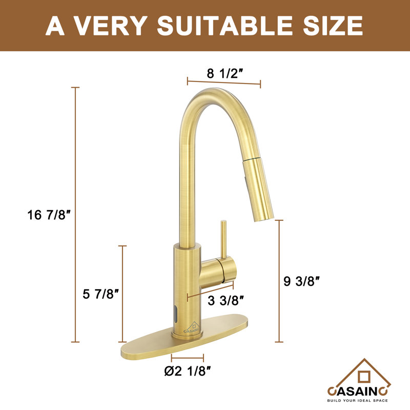 Willow Single-Handle Pull Down Sprayer Kitchen Faucet with Infrared Sensor, Soap Dispenser and Deck Plate, Brushed Gold
