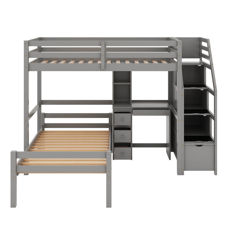 Lit mezzanine simple avec bureau, tablettes et tiroirs, Gris