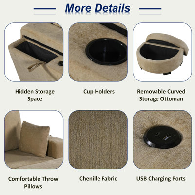 Canapé modulaire avec repose-pieds, espace de rangement caché, ports de chargement USB et porte-gobelets
