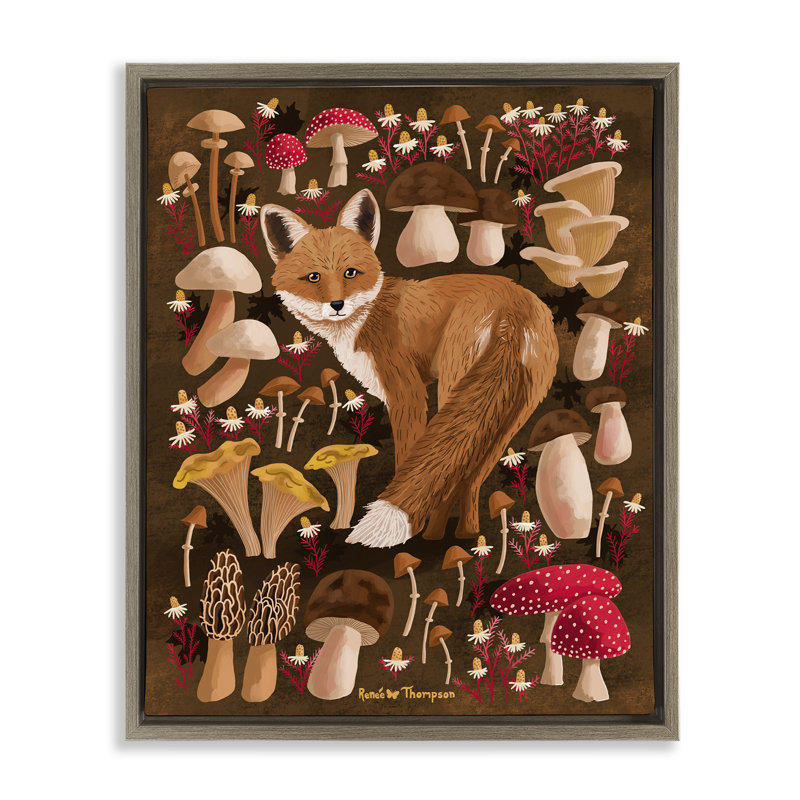Renard et champignon, art mural encadré sur toile flottante par Renee Thompson, H 21 po x l 17 po, Cadre flottant brun