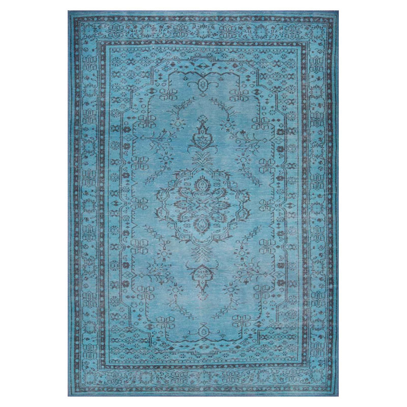 Tapis décoratif bleu à motif tissé rétro, Rectangle 3 pi 10 po x 5 pi 3 po