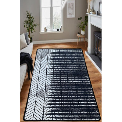 Tapis d'entrée de qualité supérieure (4 pi x 5 pi) - 100% polyester, antibactérien, antidérapant | Hauteur des poils: 0,4 po | Lavable à la machine, noir et bleu marine avec détails blancs | Durable et élégant pour les entrées de maison