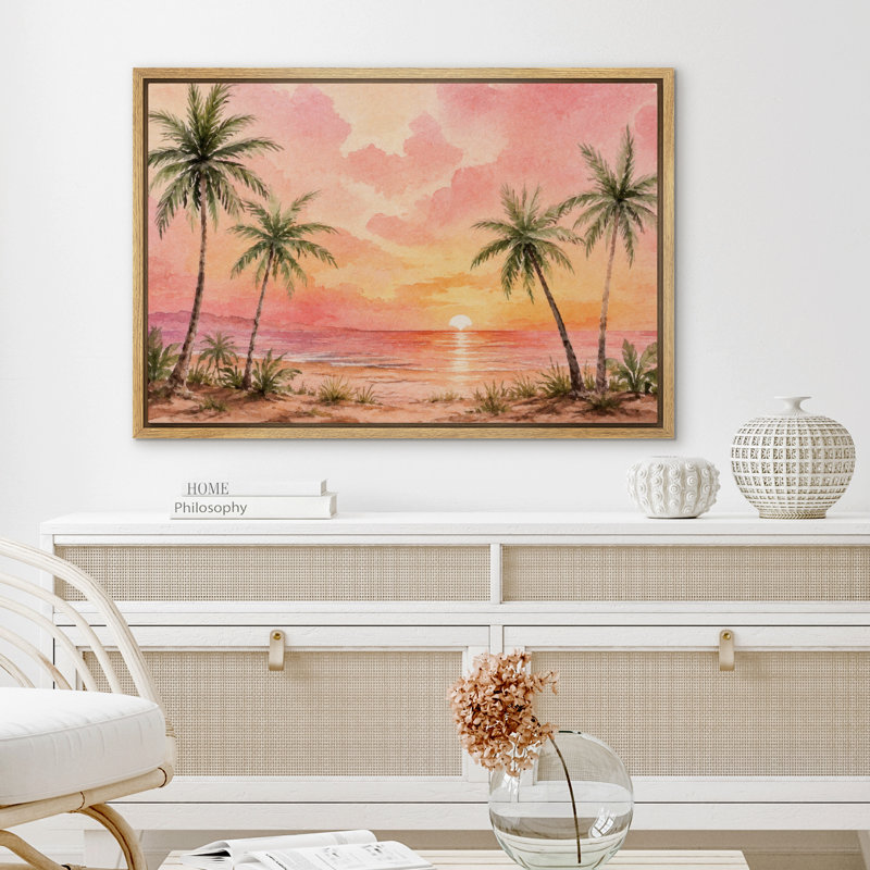 «Tropical Palm Tree Sunset Beach Landscape Coastal Artwork», reproduction d'art sur toile encadrée, H 16 po x l 24 po