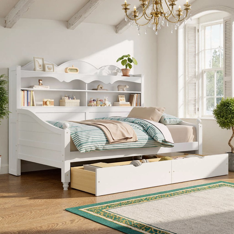 Lit de jour simple avec 2 tiroirs et tête de lit à tablettes, rangement sous le lit, Blanc