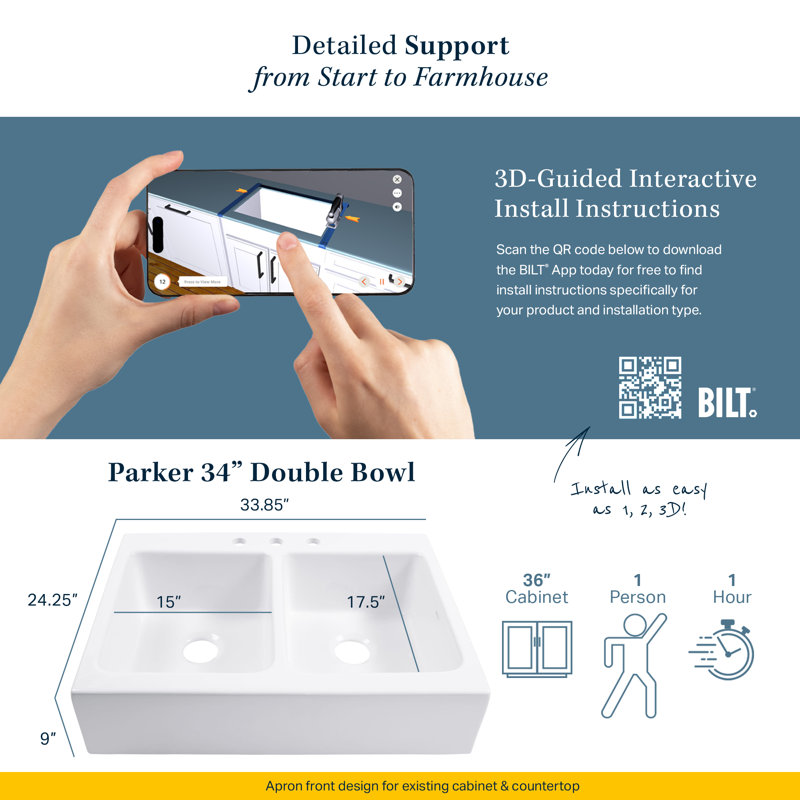 Évier de cuisine double cuve à encastrer Parker 34 po en argile réfractaire blanche éclatante Quick-Fit® avec tablier frontal et 3 trous pour robinetterie