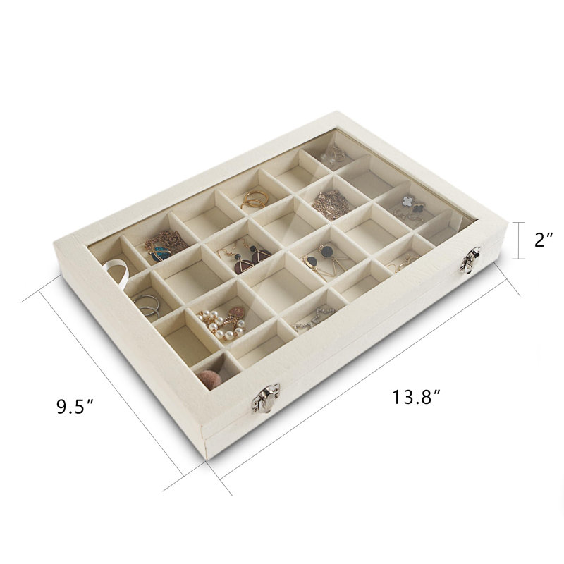 Jewellery Organizer Tray With Clear Lid 24 Grid Velvet Drawer Insert Jewellery Storage Box With Transparent Glass Lid Jewellery Display Case With Lock(Beige, 24 Grid)
