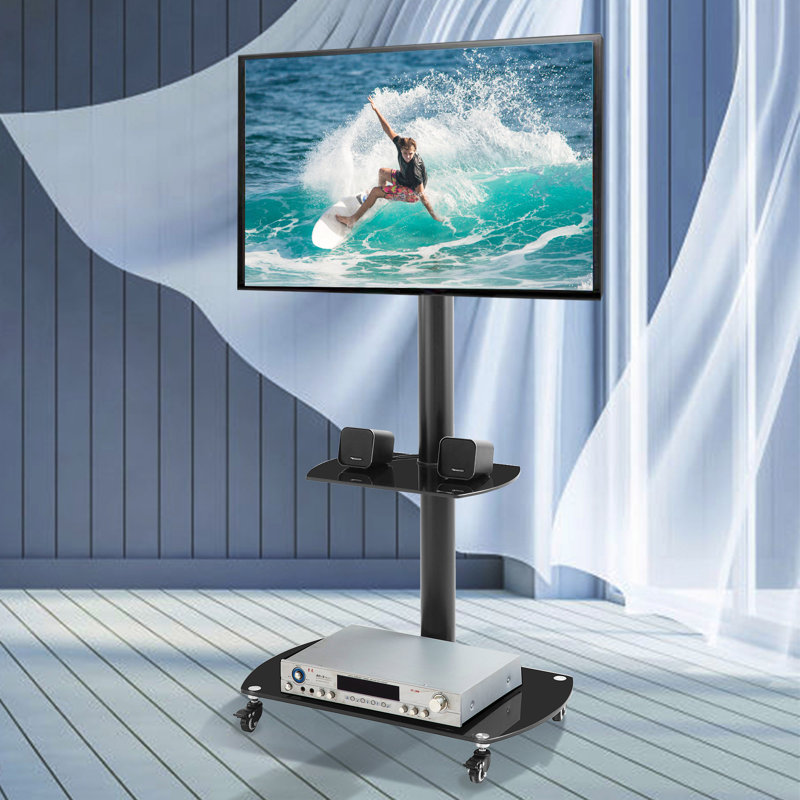 Height And Angle Adjustable Multi-Function Tempered Glass Metal Frame Floor With Lockable Wheels Mobile TV Stand, LCD/Plasma TV Bracket  2 Tier Tempered Glass Shelves For Multiple Media Devices