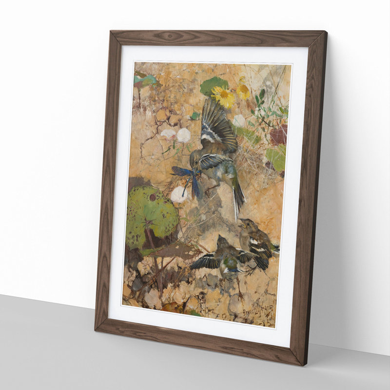 Birds and Dragonflies by Bruno Liljefors - Picture Frame Graphic Art, 90cm H x 65cm W x 2cm D, Walnut