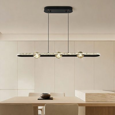 Modern Linear LED Chandelier With Crystal Balls, Dimmable 40W Rectangle Pendant Light Fixture For Kitchen Island And Dining Room, Black Finish