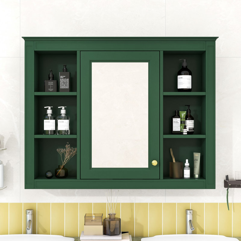 Armoire à pharmacie murale avec porte miroir réfléchissante et tablettes pour le rangement de la salle de bain, Vert