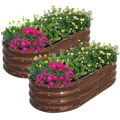Galvanized Raised Garden Bed Outdoor, 2 Pcs 4X2x1ft Oval Metal Planter Box For Planting Plants Vegetables, Brown