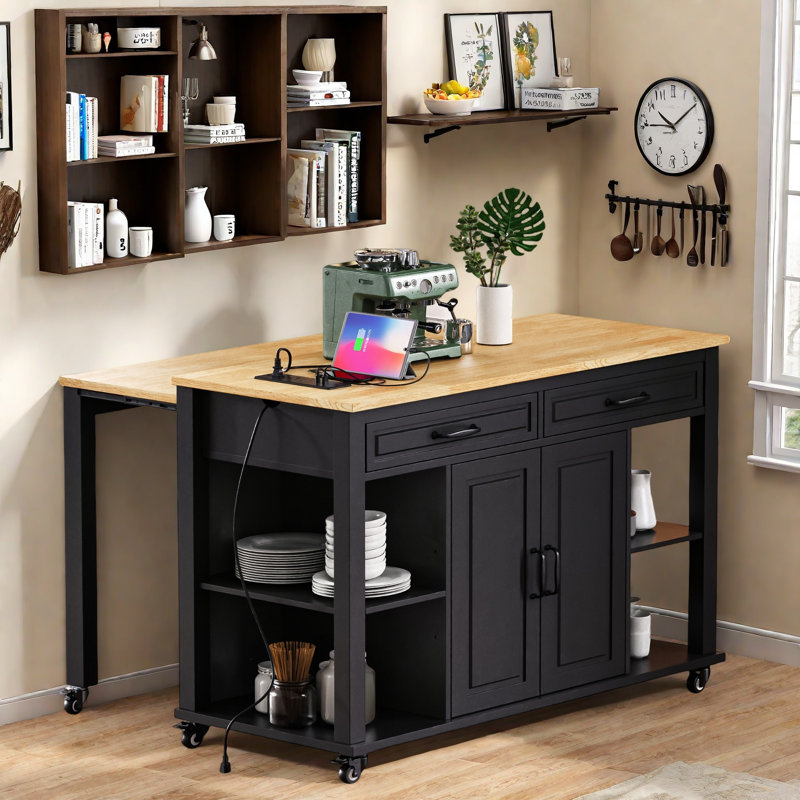 Kitchen Island With Extendable Dining Table, Internal Storage Rack, Power Outlet, 2 Drawers, 2 Cabinet And Open Shelves