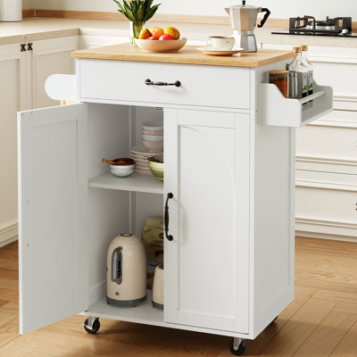 Kitchen Island Cart, Small Kitchen Island with Storage Cabinet and Drawer, Rolling Kitchen Cart on Wheels with Spice Rack and Towel Rack