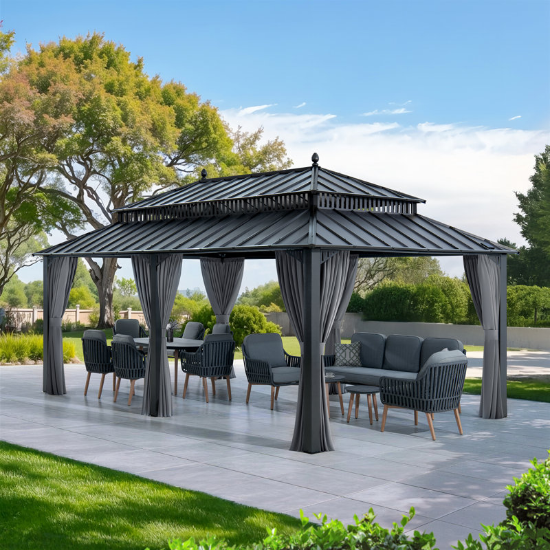 SUNJOY Kingston 20x12 Gazebo, Steel Hardtop Gazebo with Curtain and Netting - Aluminum Posts, Gray, Gray