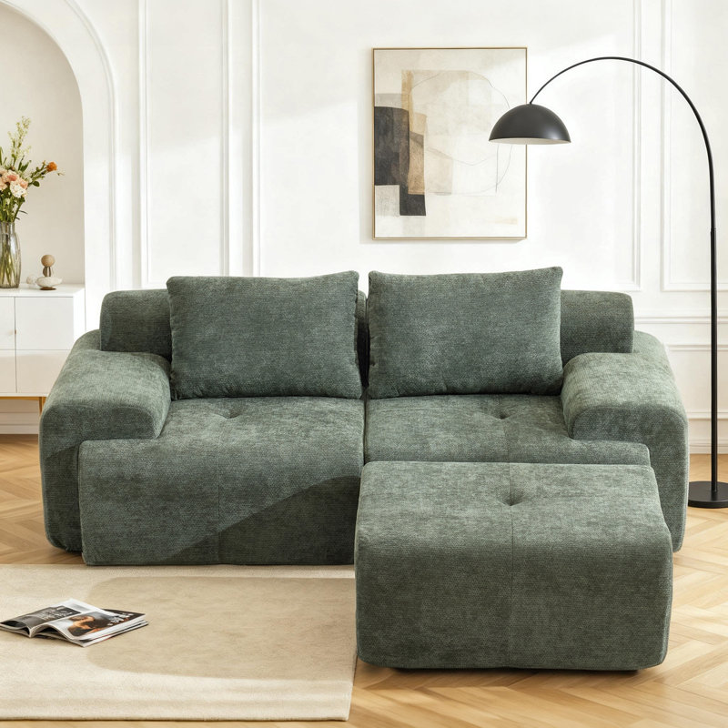 85" Boneless L Shaped Modular Sectional Sofa, Chenille Upholstery Cloud Couch With 1 Ottoman, Oversized Deep Seat Sofa For Living Room, No Assembly, Green