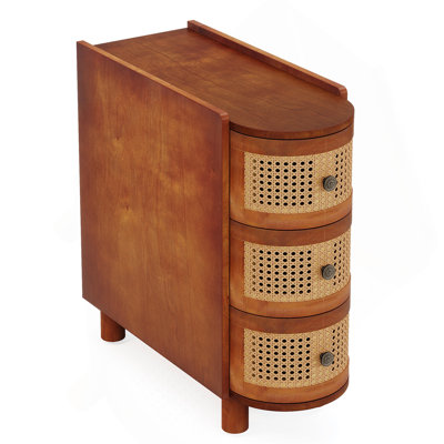 10.62" Narrow Rattan 3-Drawer End Table,Walnut & Oak Slim Nightstand,No Assembly,Sofa Side Table for Bedroom,Living Room