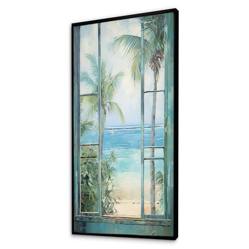 «Tropical beach Windows horizon I» - Impression sur toile côtières, Cadre flottant noir, H 60 po x l 28 po x P 1,5 po