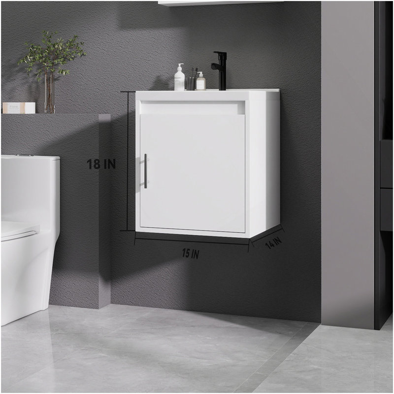 Meuble-lavabo 16 po avec lavabo en céramique et porte d'armoire à fermeture en douceur, fixation murale flottante, bonde escamotable, siphon inclus, blanc (sans robinet)