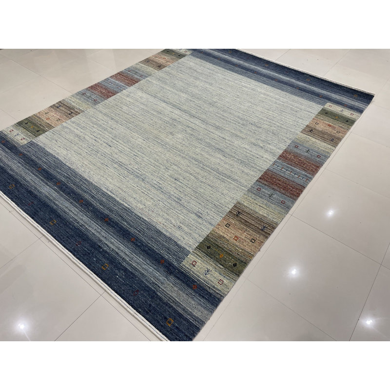 8x10 Gray Hand-Knotted Wool Framed Horizon Lines Modernist Contemporary Carpet Rug