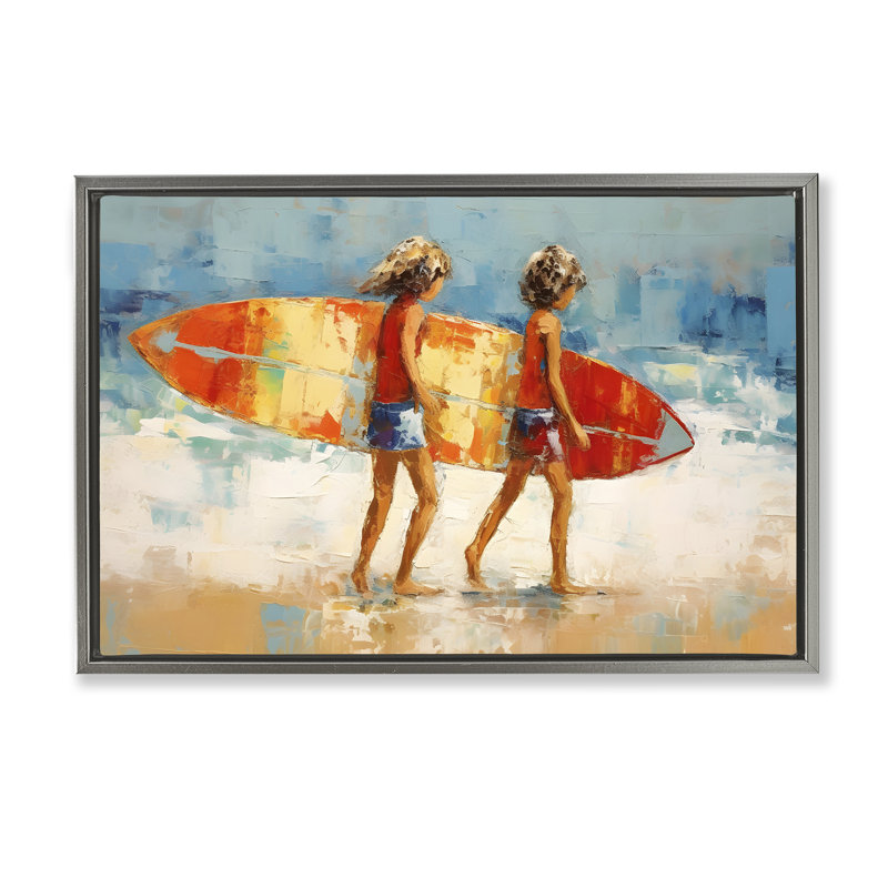 Enfants tenant une planche de surf sur toile flottante noire par Petal Prints Design, Cadre flottant gris lustré