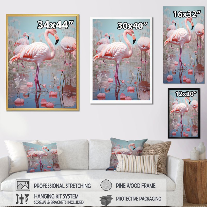 «Grand Flamingo Camargues Calm», reproduction sur toile, Cadre doré simple, H 32 po x l 24 po x P 1 po
