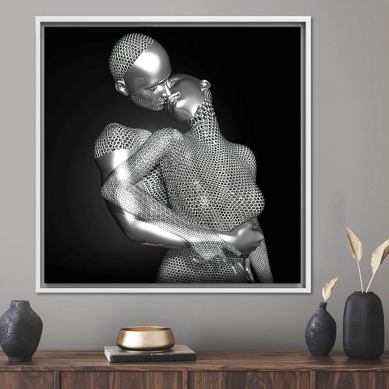 3D Canvas with Kissing Couple Design - Abstract Modern Romantic Bedroom Wall Art, 50 cm H x 50 cm W, Framed Print without Mat