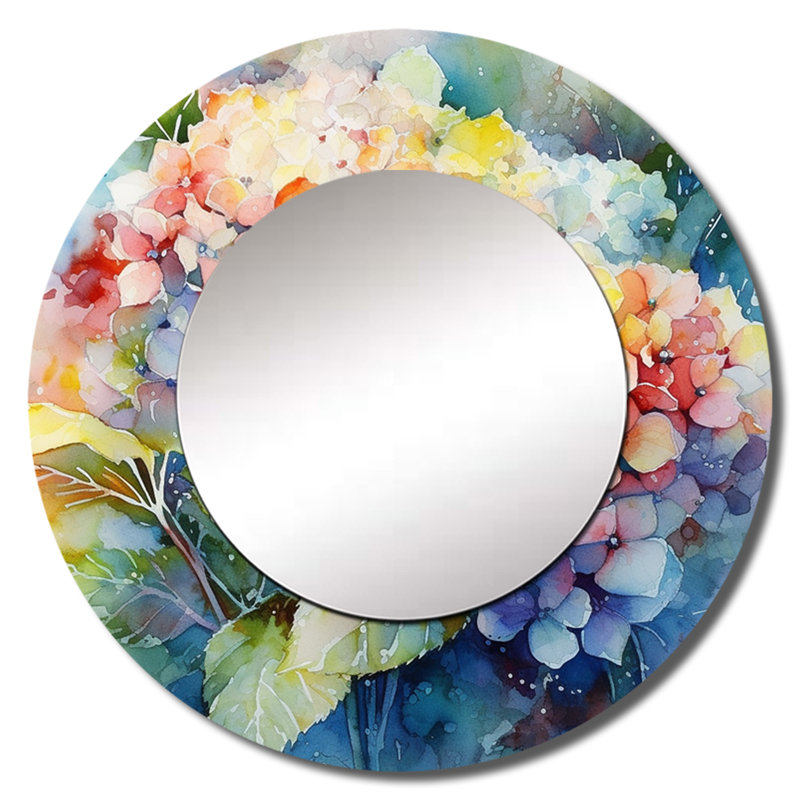 Oliviagrace Blue Green Hydreangea - Hydrangea Large Mirror, Blue Round Unique Wall Mirror Decor, Printed Metal Art, 23" x 23"