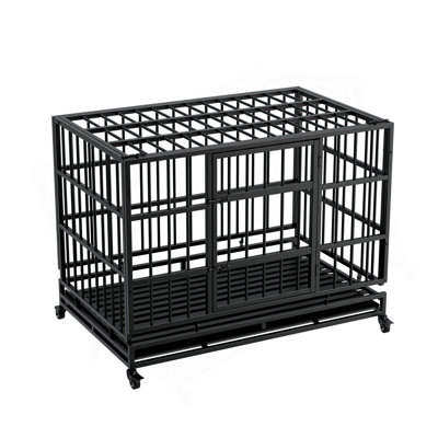 Cage pour chien 48 pouces indestructible avec roulettes, cage pliante en métal pour grands et moyens chiens, cage avec plateau en plastique amovible