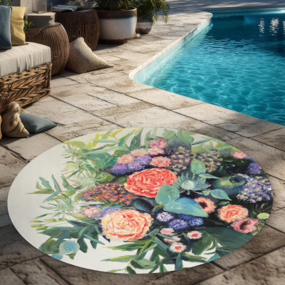 Flowers Melody - Green Leaves Round Outdoor Area Rug | Home Decor