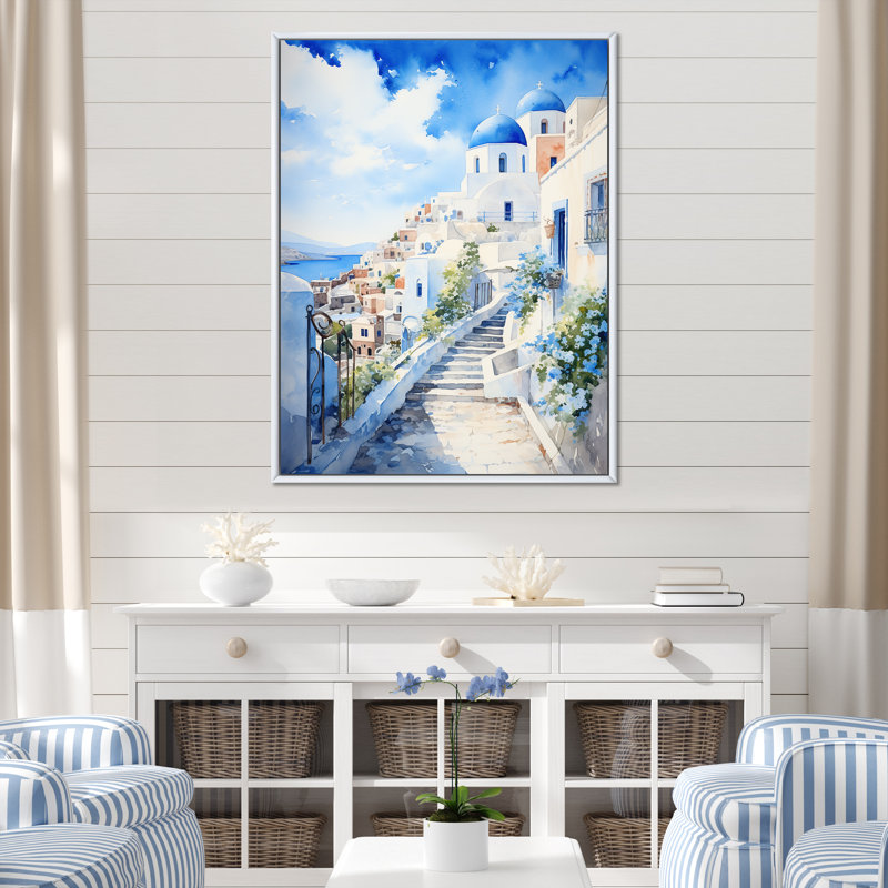 "Village côtier des îles grecques III", H 40 po x l 30 po x P 1,5 po, Cadre flottant blanc
