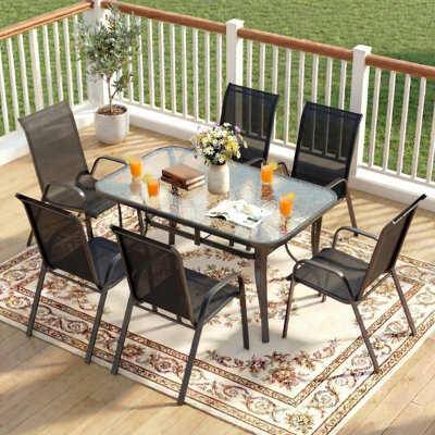 Patio Dining Set For 6, Outdoor Table And Chairs With 1.69″ Umbrella Hole, All Weather Patio Furniture Set, 30"X 55" Table And Stackable PVC-coated polyester Chair, For Lawn, Deck (Umbrella Not Included) (Black Table and Black chairs)