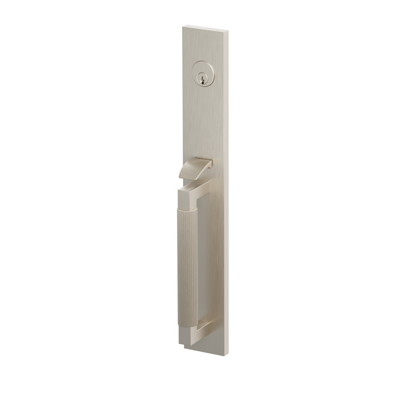 Ensemble de pinces à mortaiser Emtek SELECT, F20, pleine longueur, entraxe de 70 mm (2-3/4 po), tige extérieure en L, poignée moletée droite ; poignée intérieure Helios, chrome poli, pour droitier