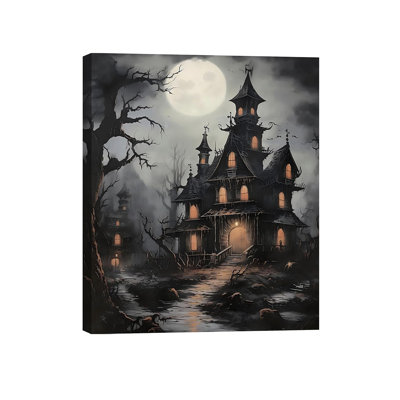Vintage Dracula's Castle on Moonlit Night Canvas Art, Halloween Print for Living Room, Horror Dark Academia Decor Pictures, Framed Vintage Poster, Gothic Painting, 8x12inch