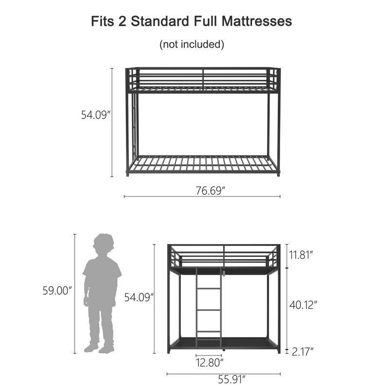 Ashaiya Standard Metal Bunk Bed, Black, Full Over Full