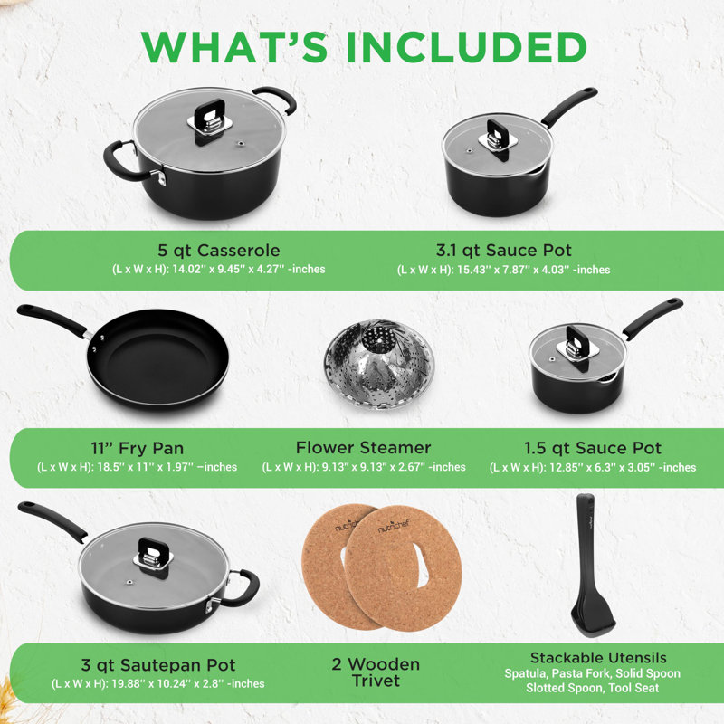 17 - Piece Non-Stick Aluminum Cookware Set, Black