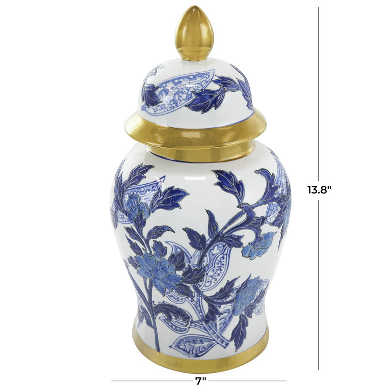 Elrene Ceramic Floral Blue Decorative Jars with Cream and Gold Accents,  13.80"H x 7"W x 7"D