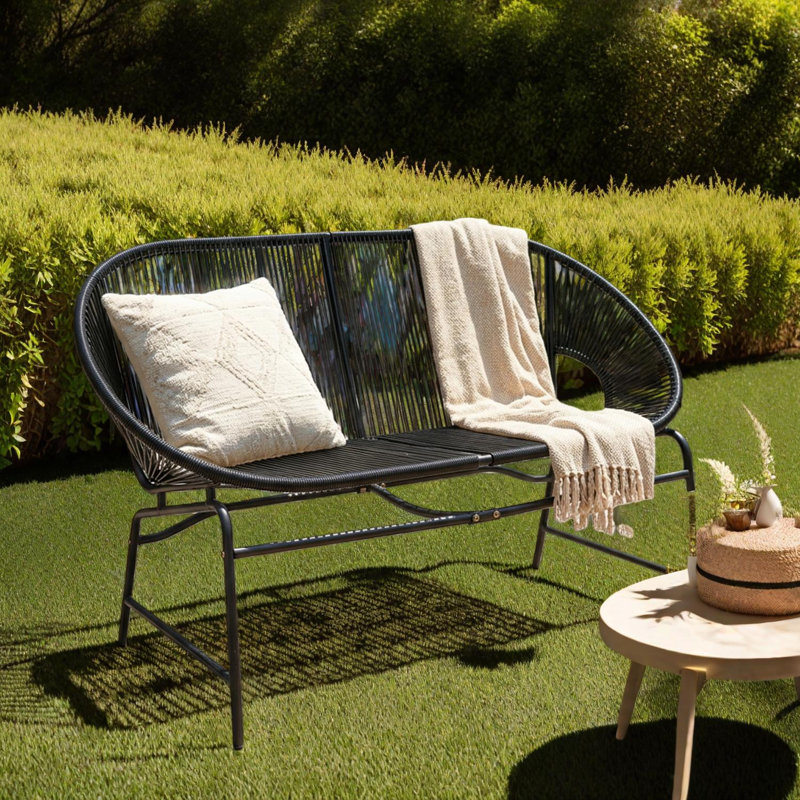 Outdoor Patio Wicker Loveseat With Iron Frame, Curved 2-Seater Lounge Bench, Black