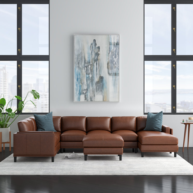 Agatina 148" Wide Leather Match Left Hand Facing Corner Sectional with Ottoman, Brown