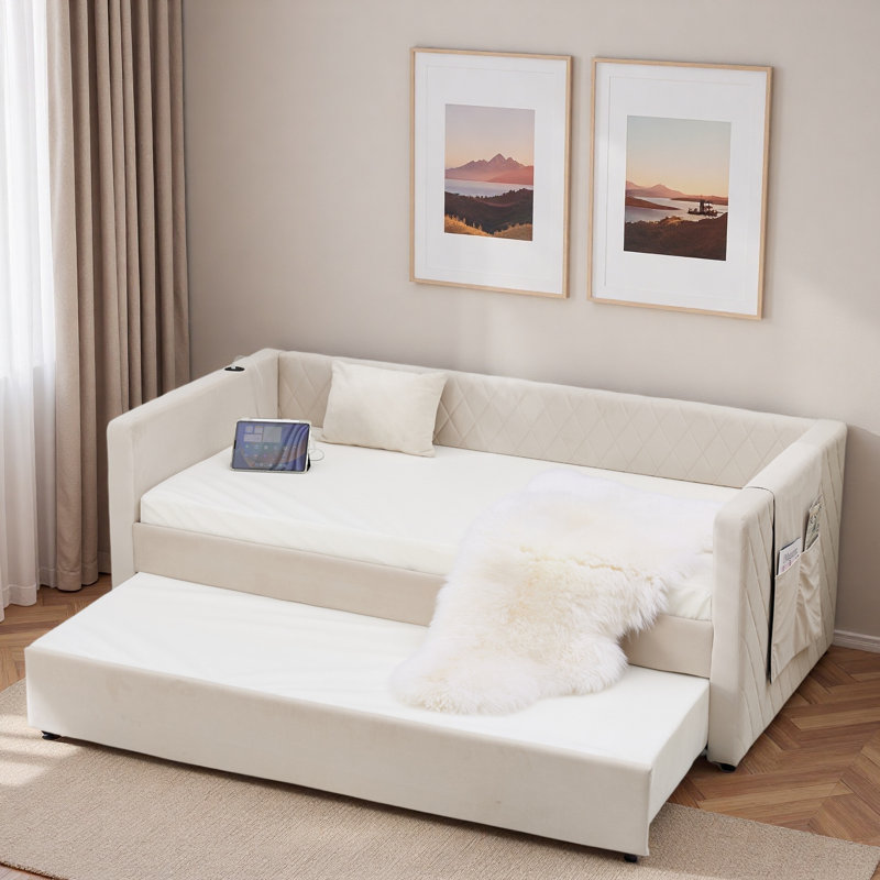 Diamond Grid Velvet Daybed With Usb Charging, Side Pocket And Trundle, Beige