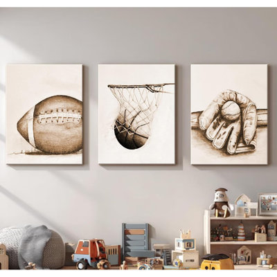 3Pcs Sports Wall Art Football Baseball Basketball Theme Painting Picture Wall Decor Vintage Sport Poster Print Artwork For Boy Room Playroom Bedroom Gameroom Home Decoration