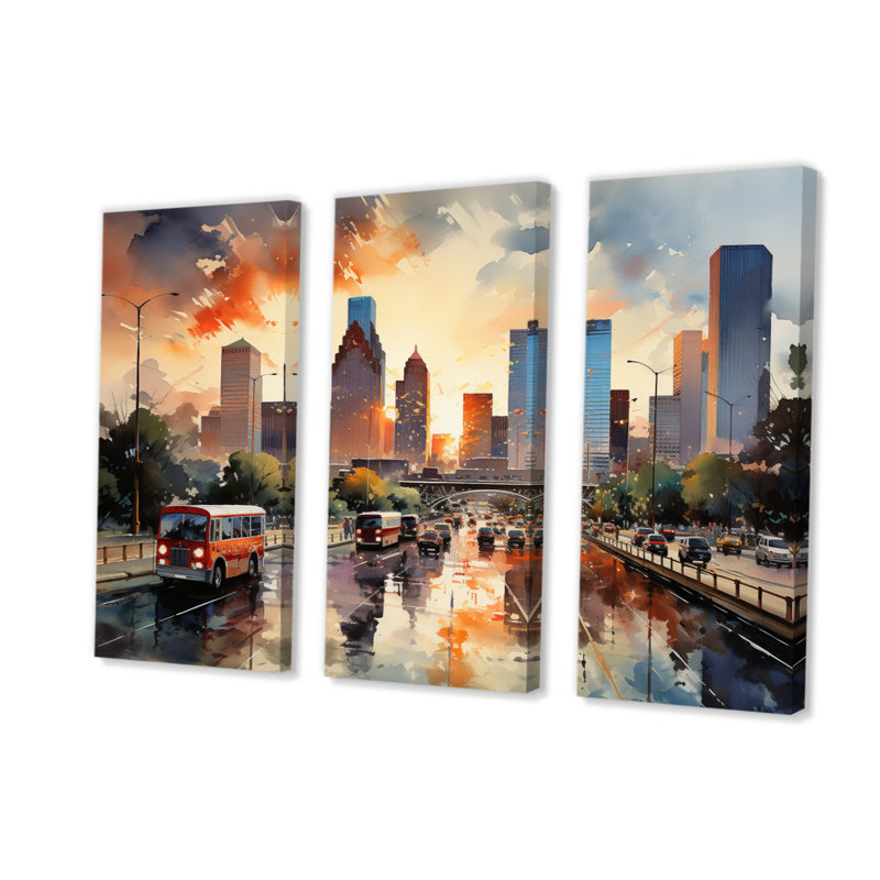 Houston City Horizons I, impression sur toile 3 pièces, H 28 po x l 36 po x P 1 po