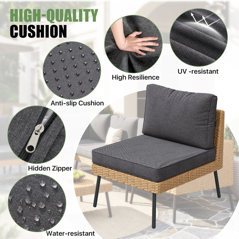 Ensemble de conversation modulaire en osier 7 pièces avec coussins et table basse toutes saisons, Noir
