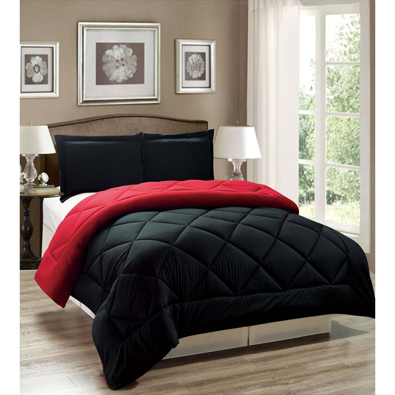 Ensemble d'édredon réversible en microfibre 11513, Rouge, Édredon simple + 1 Taie décorative