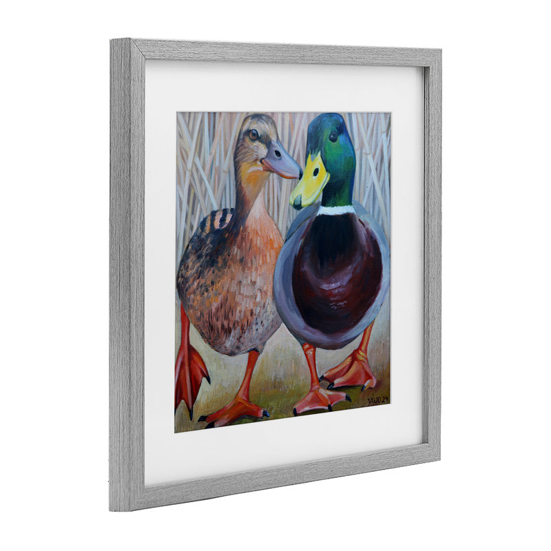 «Mallard & Brown Ducks», reproduction sous verre encadrée, design par Violeta Vollmer, H 13 po x l 13 po, Cadre de ferme gris