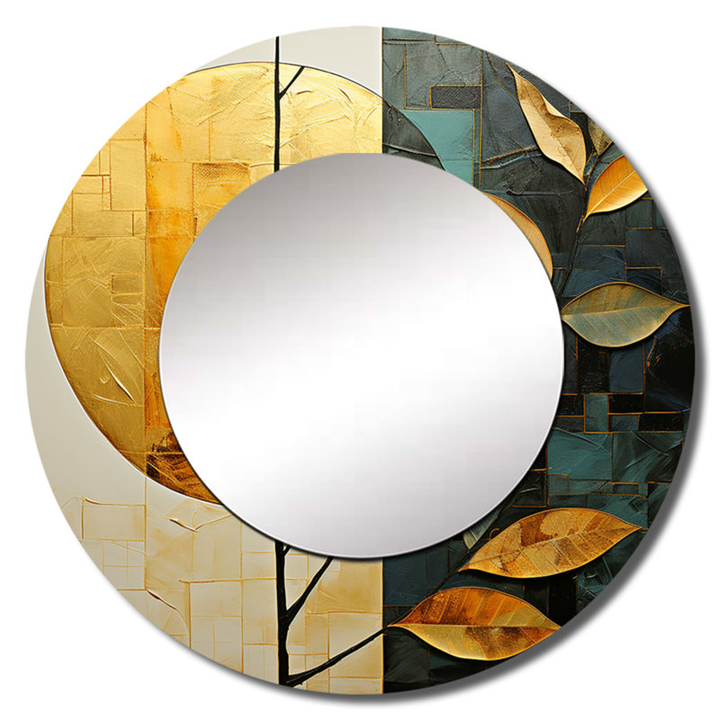 Golden Geometric Leaves Foliage I - miroir mural décoratif à feuilles, miroir rond doré, 23 po x 23 po