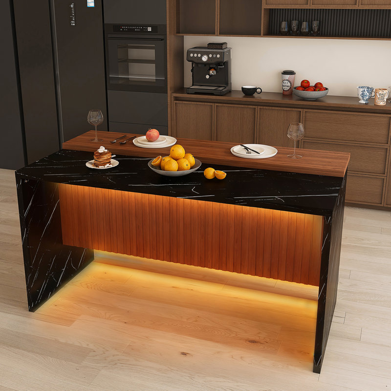 Modern Kitchen Island With Marble-Look Surface, LED Lights, And Grille Design For Stylish And Functional Dining And Living Spaces
